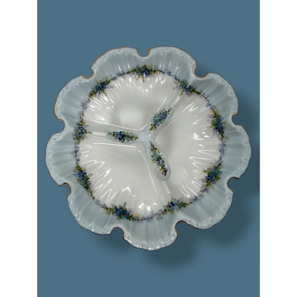 Hand Painted Floral Divided Candy Dish, Scalloped Gold Rim tray, Signed,1982